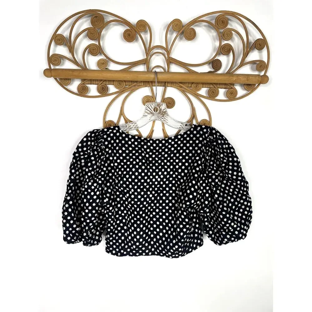 NEW Free People Polka Puff Sleeve Crop Top Black 6